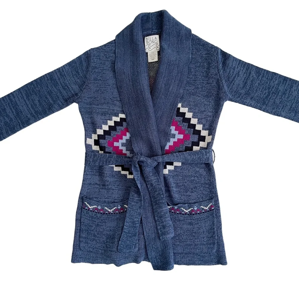 Blue Patterned Belted Shawl Cardigan Sweater - Picture 14 of 16